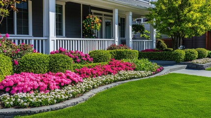 Attractive front yard design with blooming flowers, green shrubs, and a welcoming front porch