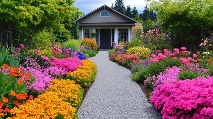 Obraz premium Attractive front yard design with colorful flowers, bushes, and a gravel pathway leading to the house