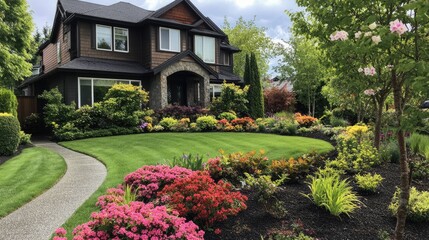 Obraz premium Beautifully landscaped front yard with a mix of plants, blooming flowers, and a neatly mowed lawn