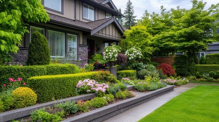 Fototapeta premium Beautifully landscaped front yard with a mix of plants, blooming flowers, and a neatly trimmed hedge