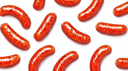 Naklejka premium Fried red sausages in a seamless pattern, appetizing and delicious on white