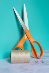 Scissors, thread, and pins for crafts and embroidery