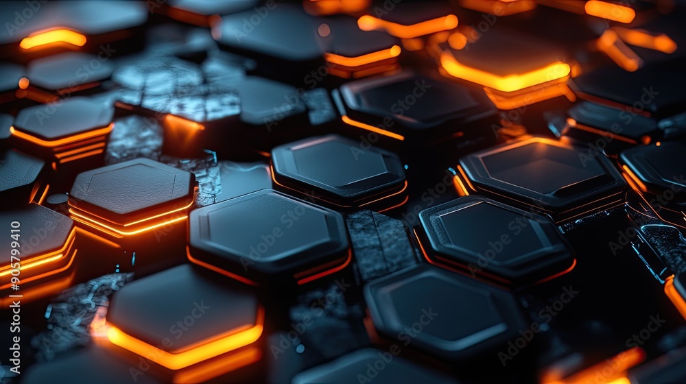 Poster modern 3d tech background featuring layered hexagons and glowing digital elements