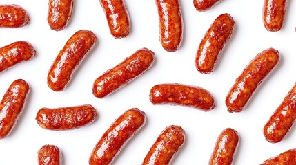 Pattern of crispy fried red sausages, delicious and golden-brown on white