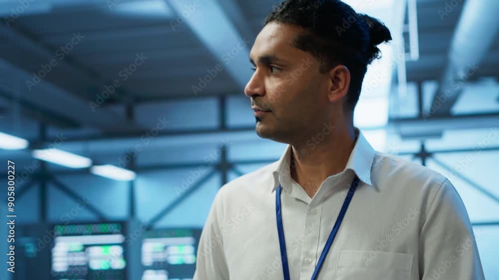 Poster system administrator walks in data center used for managing gear energy consumption, working on tabl