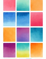 Fototapeta premium Large set of texture watercolor in colorful and bright colors palette. Collection of squares for wedding dress code or invitation. Modern illustration of design elements isolated on white background.