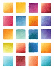 Fototapeta premium Large set of texture watercolor in colorful and bright colors palette. Collection of squares for wedding dress code or invitation. Modern illustration of design elements isolated on white background.