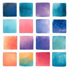 Fototapeta premium Large set of texture watercolor in colorful and bright colors palette. Collection of squares for wedding dress code or invitation. Modern illustration of design elements isolated on white background.