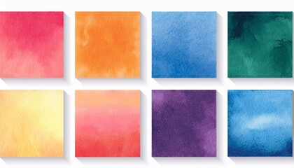 Fototapeta premium Large set of texture watercolor in colorful and bright colors palette. Collection of squares for wedding dress code or invitation. Modern illustration of design elements isolated on white background.