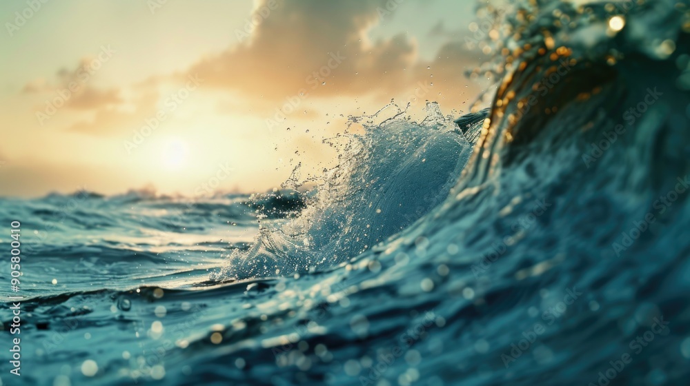 Poster A close-up view of a wave breaking on the ocean surface, suitable for use in travel or nature-themed projects