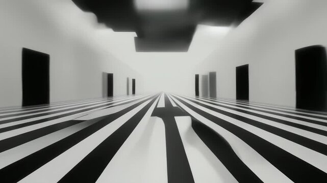 A minimalistic scene features two distant figures in a black and white striped hallway. The photo emphasizes simplicity and contrast. The setting is vast and empty, contributing to a surreal and