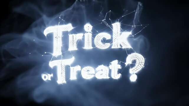 Halloween lettering animation with white text "Trick or Treat?" at black background. Letters made of spider web and fog. Title screen with copy space for halloween video clip or vintage horror movie.

