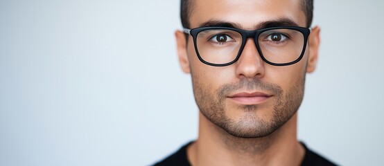 Young man with short hair and a neatly trimmed beard wearing stylish black glasses stares ahead with a neutral expression