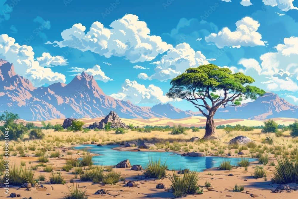 Aufkleber a painting of a desert landscape featuring a single tree, perfect for use in designs related to natu