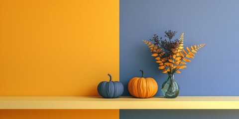 Vibrant Autumn Decor with Blue and Orange Pumpkins and Floral Arrangement on Color Block Background