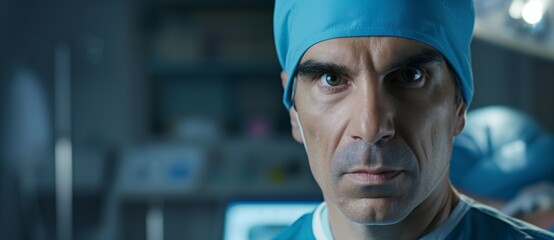 Confident surgeon in blue scrubs stands in a sterile operating room, focused and determined, ready to provide top-notch care to patients