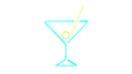 Blue neon sign of martini or cocktail glass isolated on transparent and white background. Cocktail concept. 3D render