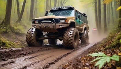 Obraz premium off-road vehicle with massive tires driving through a muddy, leaf-covered forest path created with generative ai 