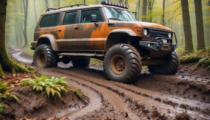 Fototapeta premium off-road vehicle with massive tires driving through a muddy, leaf-covered forest path created with generative ai 