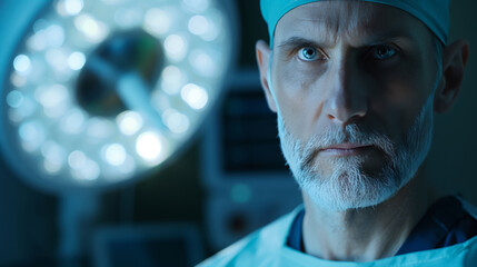 Mature surgeon with a serious expression standing in an operating room, conveying the high stakes and intense focus of his profession