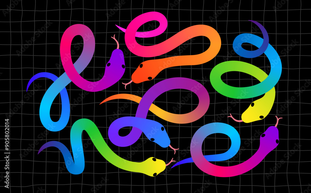 Aufkleber Abstract Snakes Shapes with Color Gradient. Vector 2025 New Year Colorful Graphic. Chinese Lunar Snake Year Pattern. Squiggly Cartoon Design Elements.