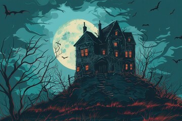 An old, spooky house on top of a hill with a full moon