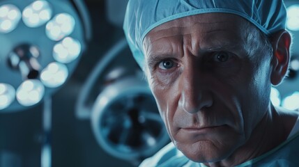 Senior surgeon in the operating room, wearing a surgical mask, looks serious and focused under bright lights, preparing for a procedure. The tense atmosphere shows the gravity of the situation