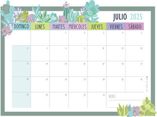 Calendario Planificador 2025 en Español - Tamaño A4 - Mes de Julio