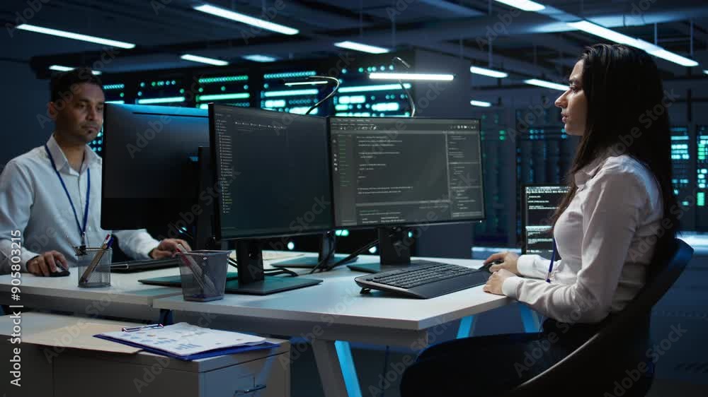 Poster team of technicians in data center designing, implementing and managing infrastructure to ensure opt