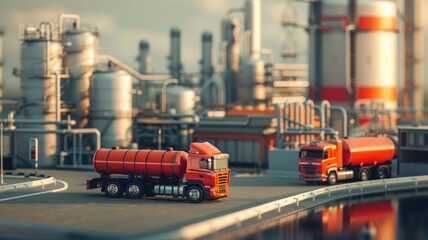 Industrial refinery scene with tanker trucks, pipelines, and storage tanks