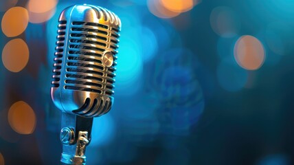 Vintage microphone against blurred colorful lights Retro audio equipment