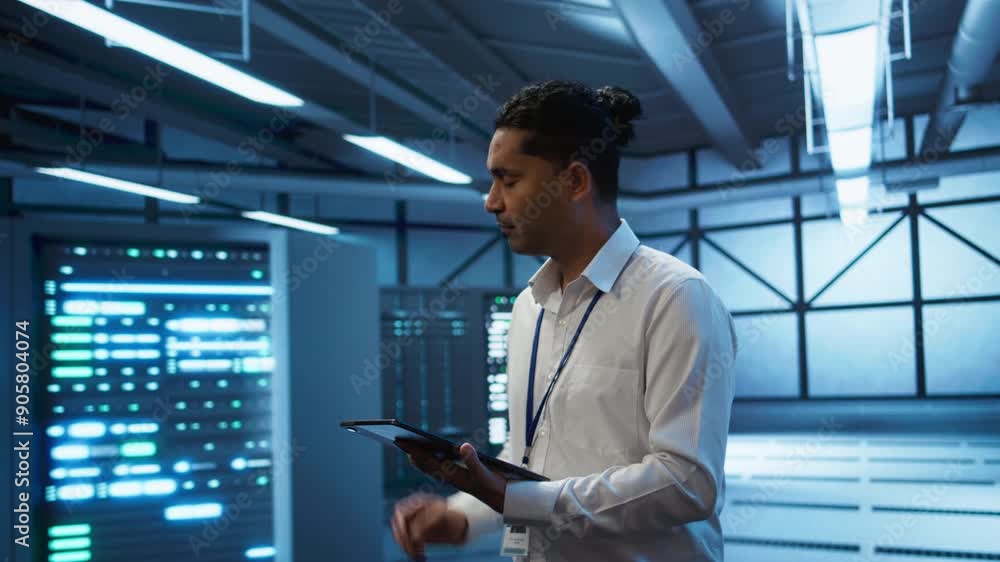 Poster engineer walking in data center, monitoring security threats, implementing cybersecurity measures. i