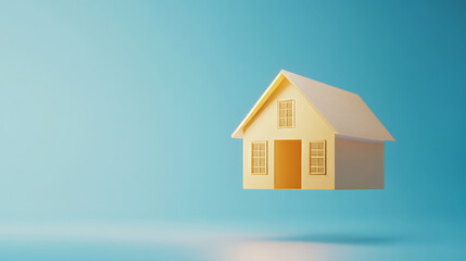 Minimalistic 3D model of a house on a blue background, representing real estate and modern design.