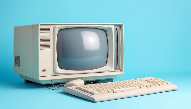 Retro old computer on isolated pastel blue background with space for copy created with generative ai	