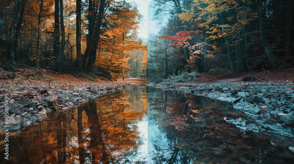 Poster a serene forest scene with a winding stream surrounded by tall trees