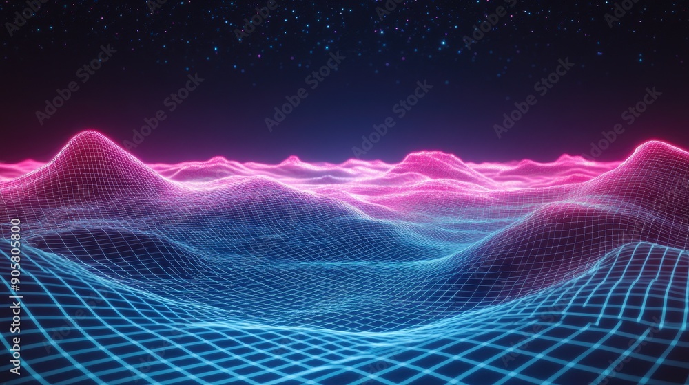Poster 3d digital landscape with grid lines and open space for technology-related copy.