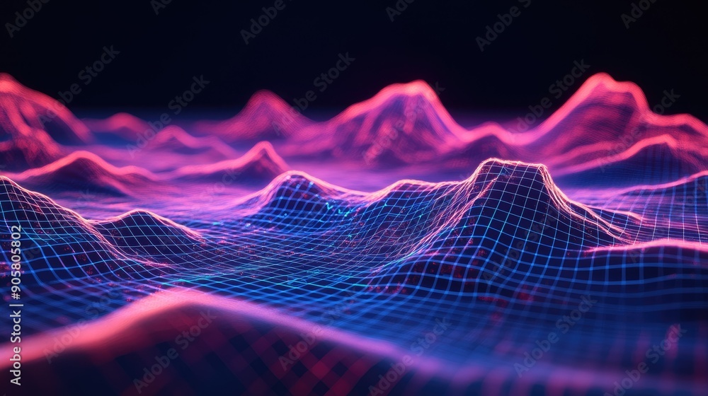 Poster 3d digital landscape with grid lines and open space for tech-related messages