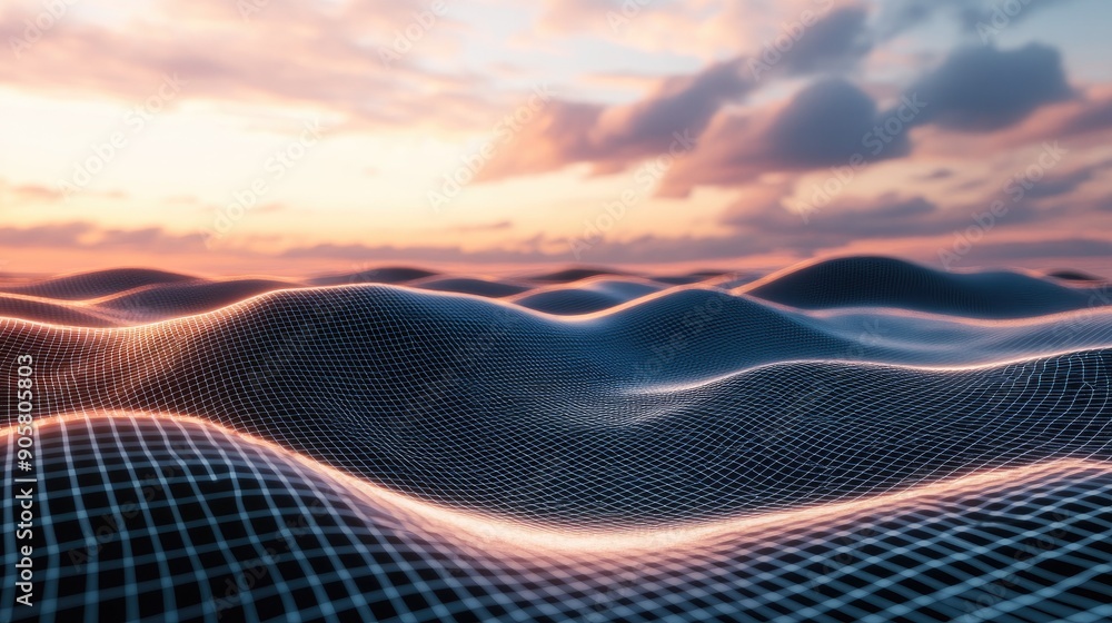 Poster 3d digital landscape with grid lines and open space for tech-related messages