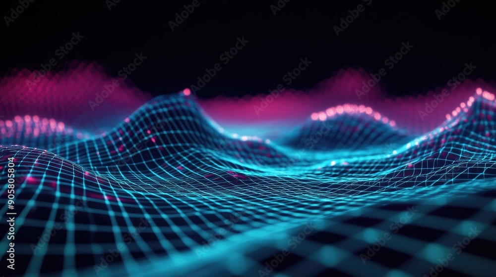 Poster 3d digital landscape with grid lines and open space for tech-related messages