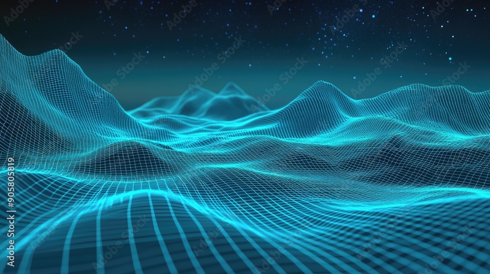 Poster 3d digital landscape with grid lines and space for copy, ideal for tech concepts.
