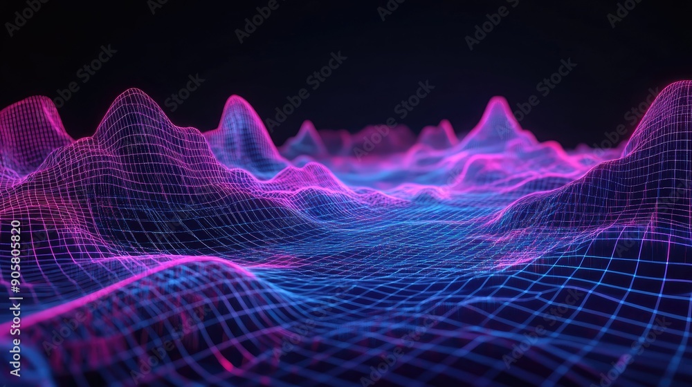 Poster 3d digital landscape with grid lines and space for copy, ideal for tech concepts.