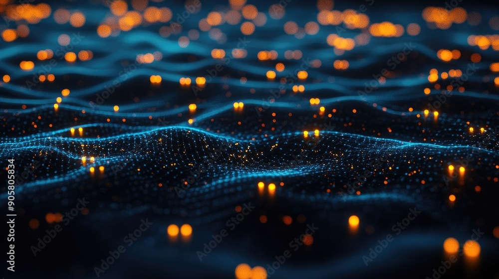 Aufkleber 3d digital network with glowing nodes, featuring blank space for text.
