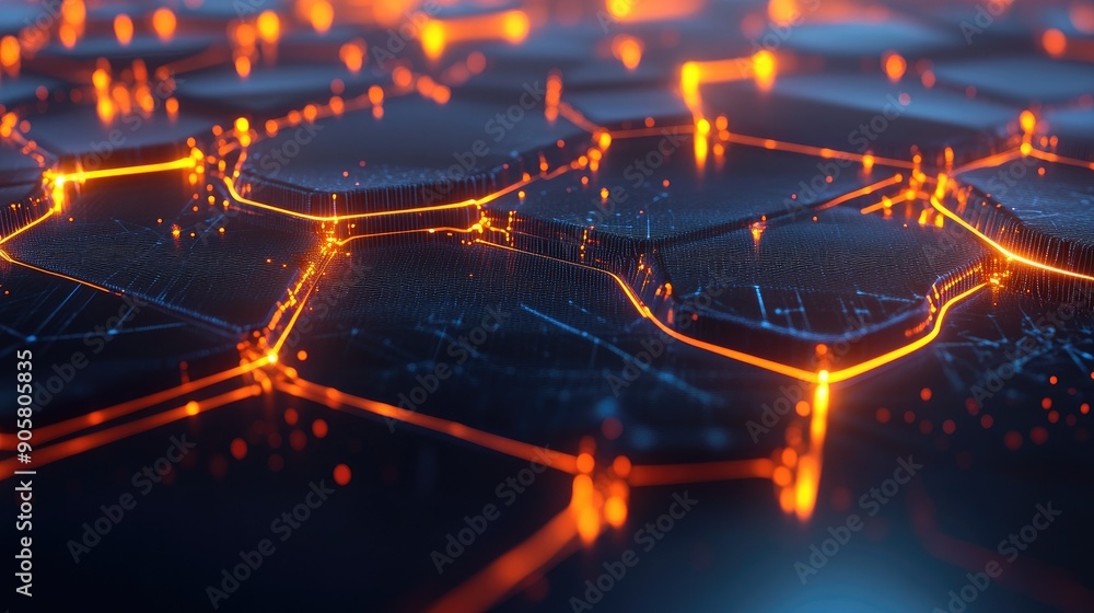 Aufkleber 3d digital network with glowing nodes, featuring blank space for text.