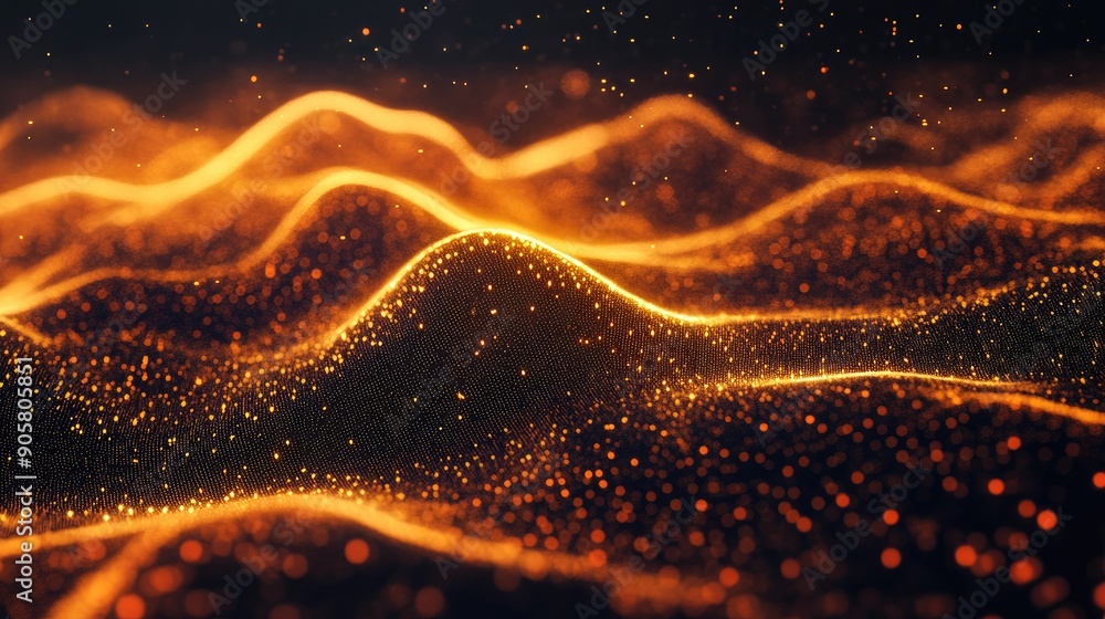 Poster 3d digital wave of data particles with ample space for technology-related copy.