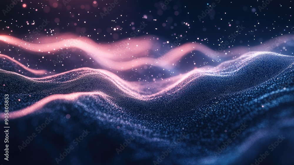 Poster 3d digital wave of particles with open space for copy, ideal for tech messages.