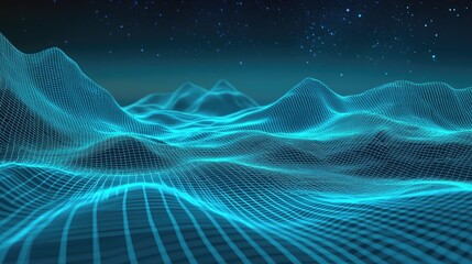 3D digital landscape with grid lines and space for copy, ideal for tech concepts.