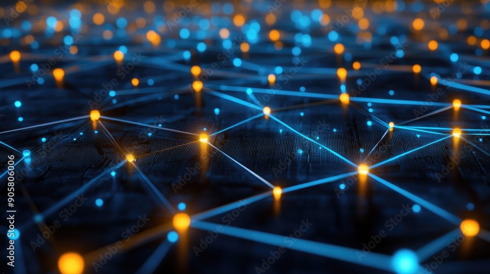 Poster abstract 3d digital network with glowing nodes and lines, featuring ample space for text. --ar 16:9