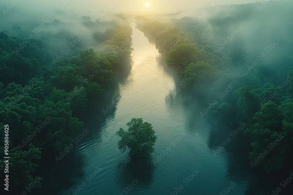 Poster River and Fog at Sunrise