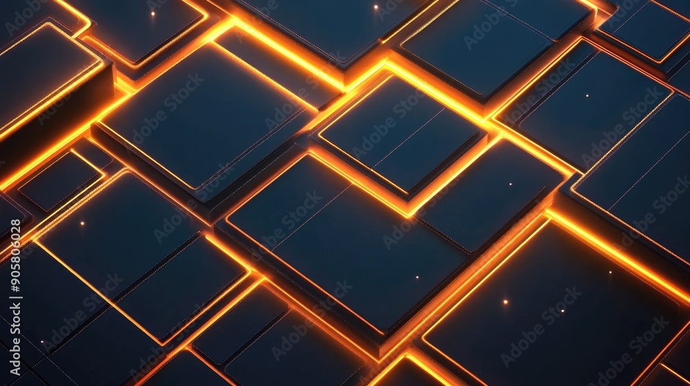 Poster abstract 3d geometric shapes with glowing lines and space for copy.