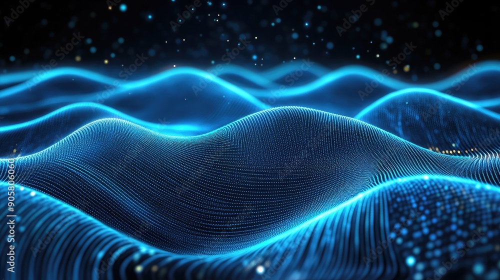 Poster abstract 3d wave of glowing blue lines on a dark background, ample copy space for tech messages.